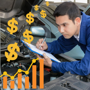 Mechanic working with graph and dollar signs