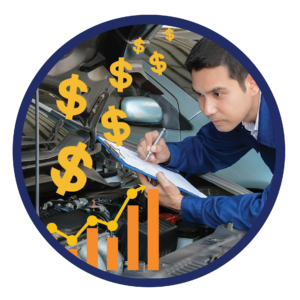 Mechanic working on vehicle with graph and dollar signs.